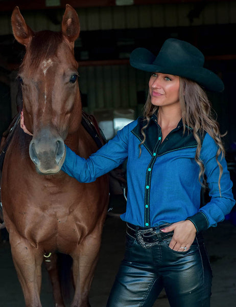 COWGIRLTUFF COMPANY Pullover Button Up (Denim With Turquoise And Black Suede Stretch Jersey)