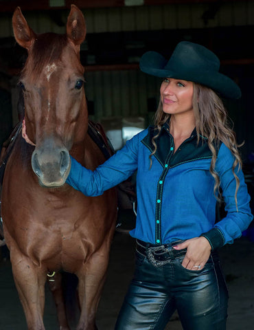 COWGIRLTUFF COMPANY Pullover Button Up (Denim With Turquoise And Black Suede Stretch Jersey)