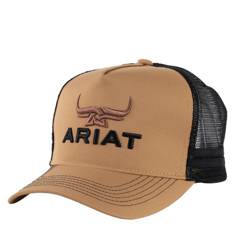 Brown trucker cap with black mesh and Ariat logo on a white background