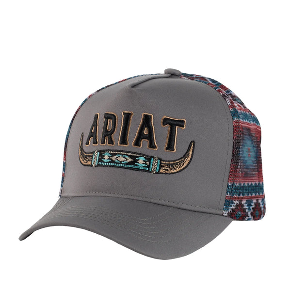 Gray cap with Ariat logo and patterned mesh on a white background