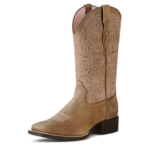 A single tan leather cowboy boot with white floral embroidery on the shaft, a square toe, and a dark brown stacked heel, shown against a plain white background.