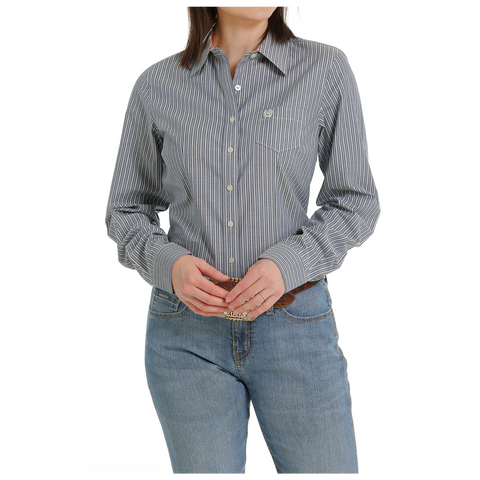 Cinch Women's Long Sleeve Striped Button Shirt -Blue & White