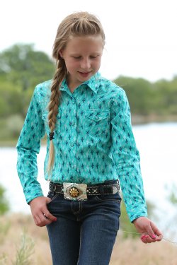 Cruel Girl Turquoise and Blue Cactus Print Western Snap Shirt