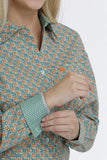 CINCH Women’s Stretch Green And Orange Floral Geometric Print Button Down Shirt